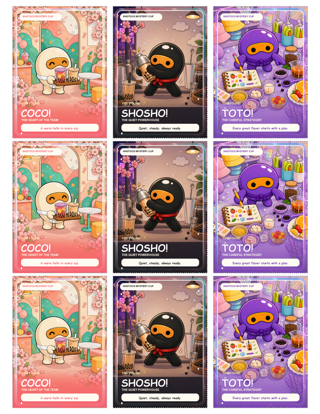 ShoToCo character cards featuring Coco, Shosho, and Toto