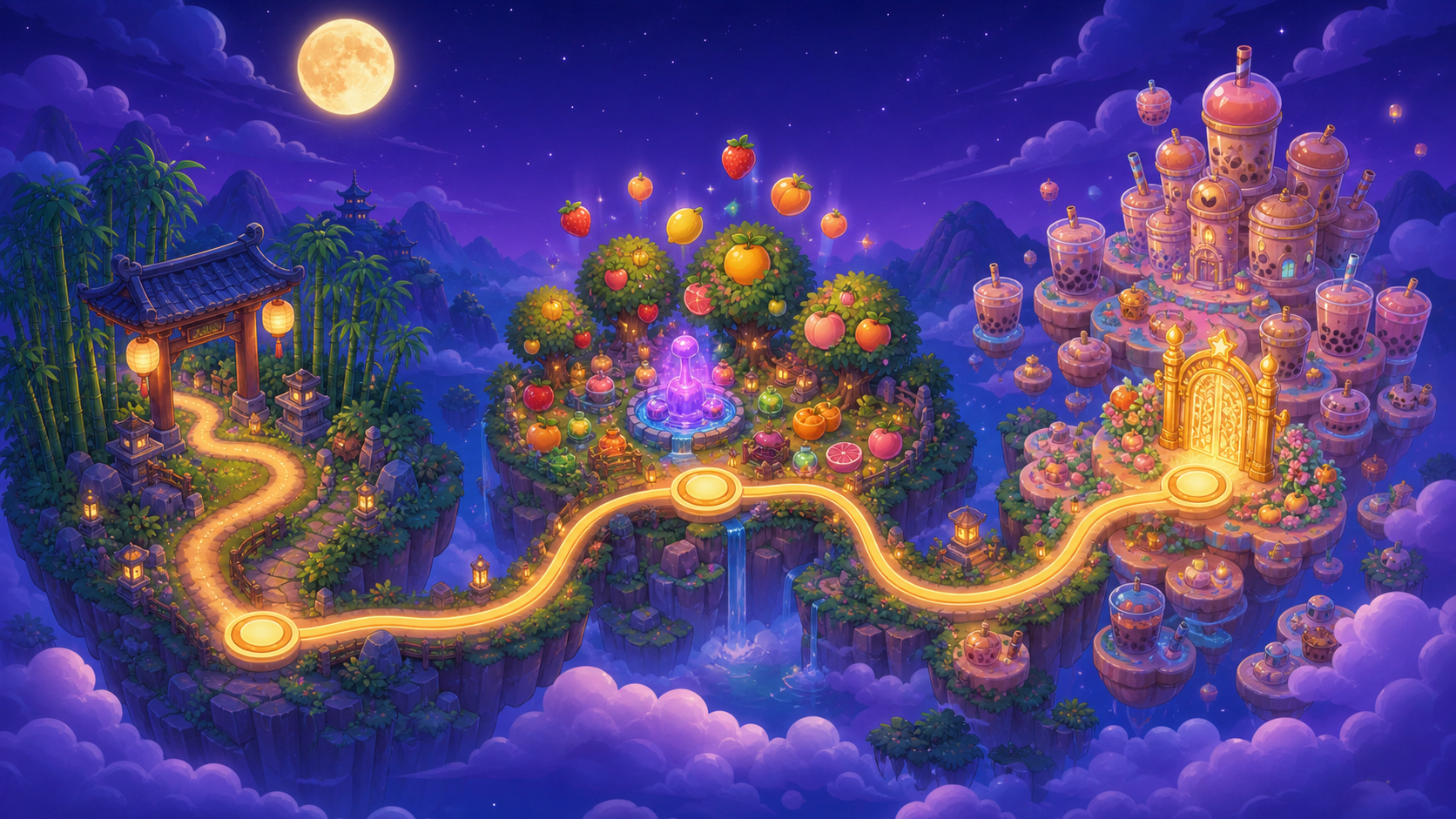 ShoToCo world map connecting the Moon Temple, Fruit Ninja Grove, and Boba Kingdom