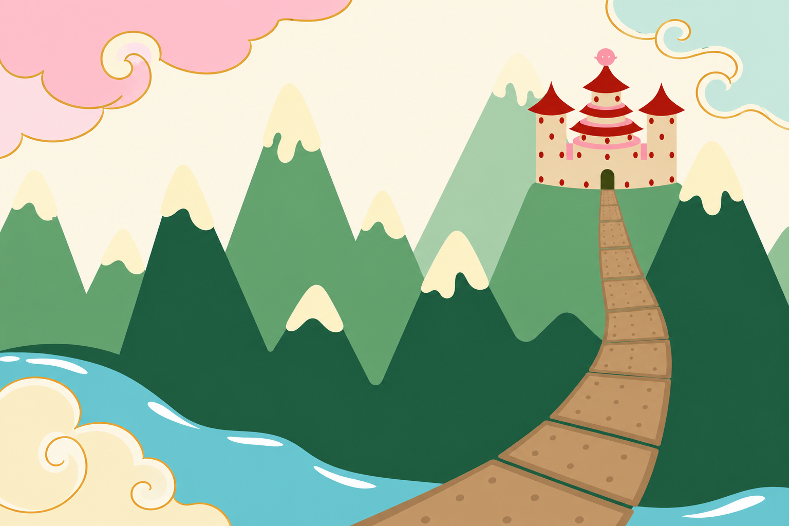 Approved ShoToCo world artwork: a pink-roofed castle beyond green mountains and a sparkling river